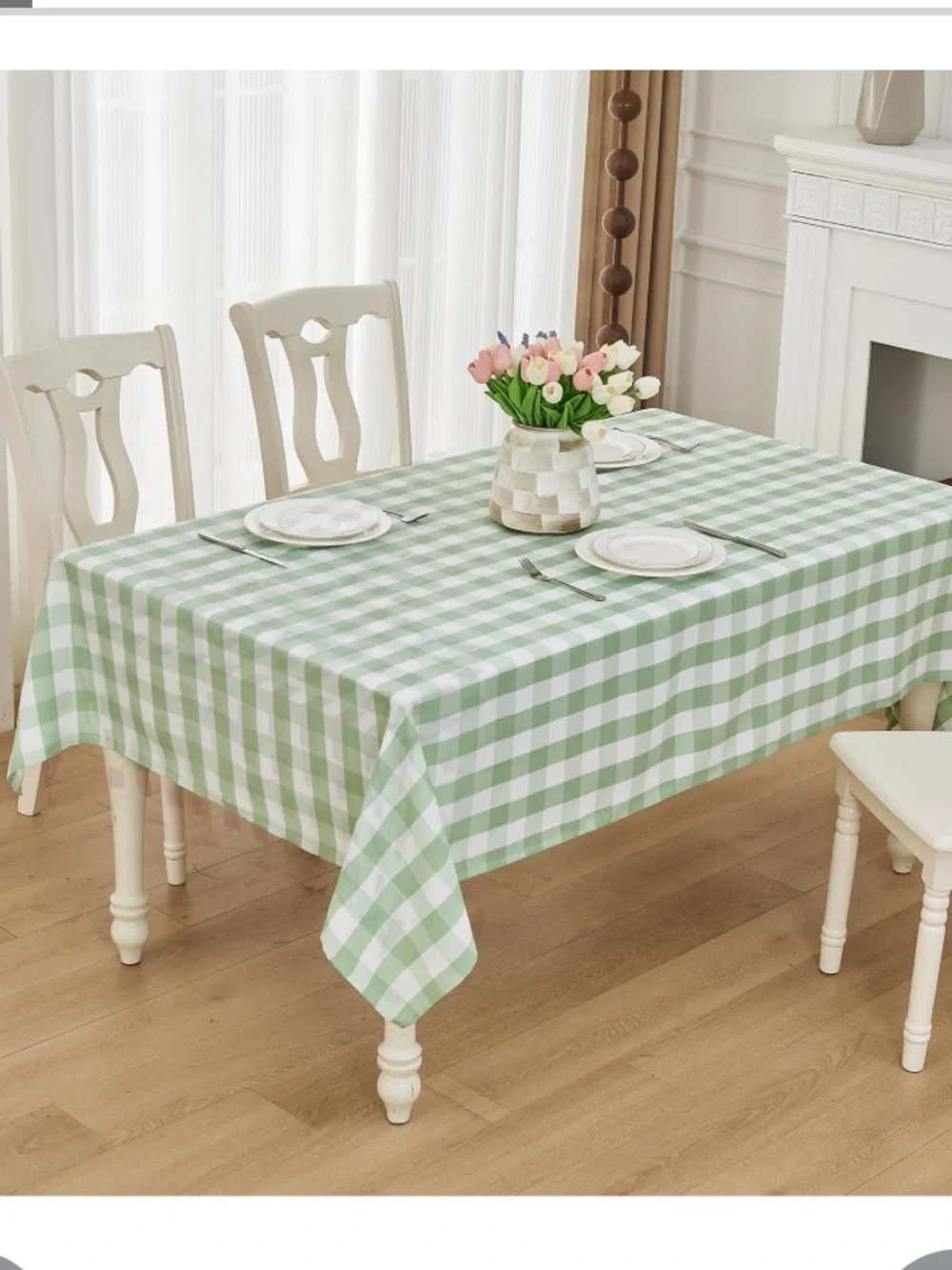 Gingham Tablecloth Cotton Blend Rectangular  95x55” GREEN WHITE